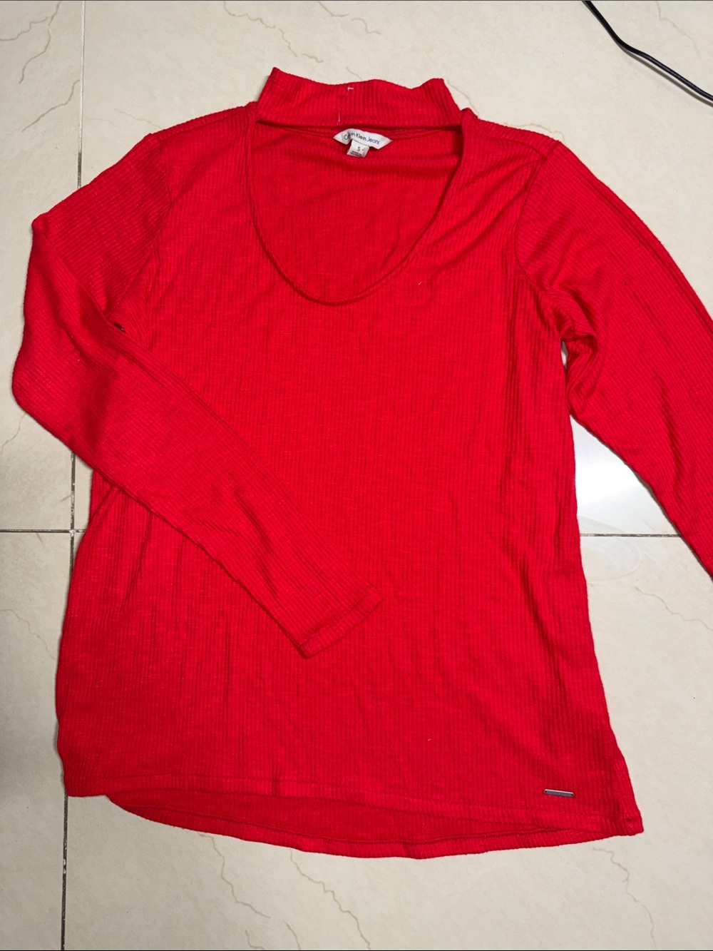 Calvin Klein Jeans Red Ribbed Long Sleeve Scoop Neck Top